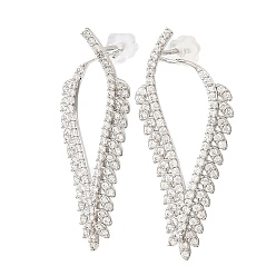 Platinum Hollow Leaf Brass Stud Earrings, with Clear Cubic Zirconia, Long-Lasting Plated, Lead Free & Cadmium Free, Platinum, 37x14mm