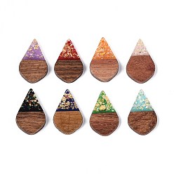 (52) Непрозрачная лаванда Подвески из непрозрачной смолы и орехового дерева, слезинки, с блестящей пудрой и золотой фольгой, разноцветные, 28x17.5x3~3.5 мм, отверстие : 1.8~2 мм