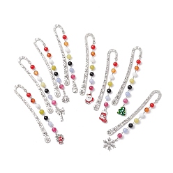 (52) Непрозрачная лаванда Закладки для книг из сплава на рождественскую тематику, Подвески-закладки из натурального кварца, черного оникса, лимонного нефрита, малайзийского нефрита, белого нефрита, сердолика и эмалевого сплава, разноцветные, 140~147x19.5x8 мм, 8 шт / комплект