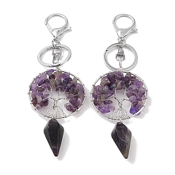 Amethyst Natural Amethyst Keychain, with Platinum Brass & Iron Findings, Long-Lasting Plated, Lead Free & Cadmium Free, Flat Round with Tree of Life, 15.7cm