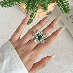 Халцедон Натуральный халцедон 304 перстни из нержавеющей стали, цветок, цвет нержавеющей стали, внутренний диаметр: регулируемый