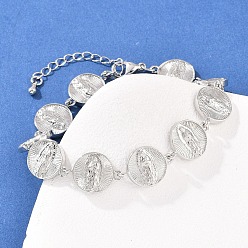 Платина Плоская круглая цепочка с латунными звеньями в форме Девы Марии для женщин, стойки покрытие, долговечный, без свинца и без кадмия, платина, 7-3/8 дюйм (18.8 см)