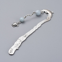 Aquamarine Alloy Bookmarks, with Sea Turtle Alloy Charms, Alloy Bar Links and Natural Aquamarine Beads, 122mm