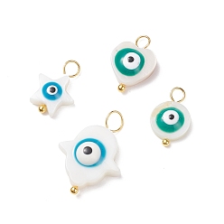 Mixed Color 4Pcs 4 Styles Natural Freshwater Shell Pendants, with Golden Tone Alloy Loops, Evil Eye Charm, Heart & Star & Flat Round & Hamsa Hand Shape, Mixed Color, 14~21.5x9~15x3.5~5mm, Hole: 2.5~3.5mm, 1pc/style