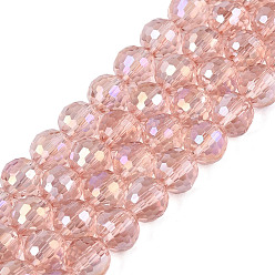 Flamingo Transparent Glass Beads Strands, Round, Faceted(96 Facets), AB Color Plated, Flamingo, 8mm, Hole: 1~1.2mm, about 67~71pcs/strand, 19.29~20.87 inch(49~53cm)