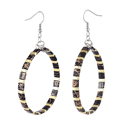 Black Dangle Earrings, with 2-Hole Glass Seed Beads, Steel Memory Wire and 316 Surgical Stainless Steel Earring Hooks, Ring, Black, 79mm, Pin: 0.7mm