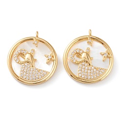 Овен Настоящие 18 k позолоченные латунные подвески с микропаве и прозрачным кубическим цирконием, с оболочкой, долговечный, плоские круглые с созвездием, Овен, 21x18x3 мм, отверстие : 1.8 мм