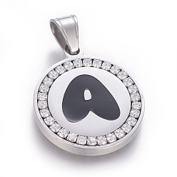 Letter A 304 Stainless Steel Enamel Pendants, with Cubic Zirconia, Flat Round with Letter, Stainless Steel Color, Clear, Letter.A, 29x25x3mm, Hole: 5.5x8.5mm