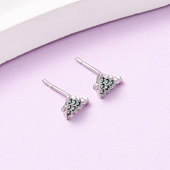 Платинированный Серьги-гвоздики Charistmas Tree с микропаве из латуни, Реальная платина, 7x5.5 мм