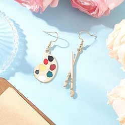 Золотой Серьги-подвески из эмали в виде палитры и кисти, с 304 нержавеющей стали серьги крючки, слева и справа, золотые, 48~63x11.5~20 мм