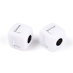 Letter L Непрозрачные акриловые бусины, куб с письмом, серебристого металла, обвитыми, Письмо L, 9~10x9~10x9~10 мм, отверстие : 4 мм, Около 625 шт / 500 г