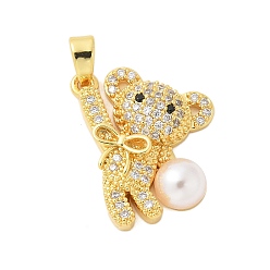 Настоящее золото 18K Латунные микропаве прозрачные подвески с фианитом, без кадмия и без свинца, нести прелести, с абс пластмассовой имитационной жемчужиной, реальный 18 k позолоченный, 20x16x4 мм, отверстие : 3.5x2.5 мм