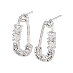 Real Platinum Plated Safety Pins Shape Brass Stud Earrings, with Glass, Real Platinum Plated, 19x9mm