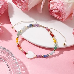 Сердце Регулируемые плетеные браслеты из нейлоновой нити для женщин, с натуральным аметистом, агатом, цветочным амазонитом, зеленым авантюрином, сердоликом, синтетическим гематитом и бусиной из натуральной пресноводной ракушки, сердце, внутренний диаметр: 2~3-3/8 дюйм (5~8.5 см), Сердце: 12.5x13x3 мм.