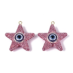 Rose Handmade Polymer Clay & Rhinestone & Resin Big Pendants, Star & Evil Eye Charms, with Iron Loops, Light Gold, Rose, 56~58x53~54x17~18mm, Hole: 3~4mm