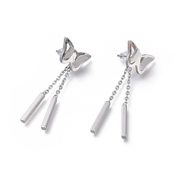 Stainless Steel Color Tarnish Resistant 304 Stainless Steel Chain Tassel Earrings, with Ear Nuts, Butterfly with Bar, Stainless Steel Color, 44mm, Pin: 0.7mm