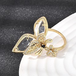 Золотой Манжеты из латуни с микро паве кубический цирконий для женщин, стеклянные кольца с бабочками и цветами, золотые, 36x26 мм, внутренний диаметр: 15.5 мм
