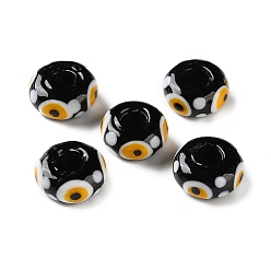 Black Handmade Lampwork European Beads, Large Hole Beads, Rondelle with Evil Eye, Black, 14x7mm, Hole: 5.5mm