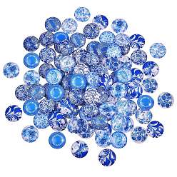 Steel Blue Blue and White Printed Glass Cabochons, Half Round/Dome, Steel Blue, 20x6mm, 100pcs/box