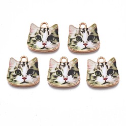 Светло-зеленый Печатные подвески сплава, без кадмия, без никеля и без свинца, золотой свет, голова кошки , светло-зеленый, 17x17.5x1.5 мм, отверстие : 2 мм