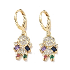 Colorful Golden Brass Dangle Leverback Earrings, with Cubic Zirconia and Glass, Girl, Colorful, 30x10.5mm