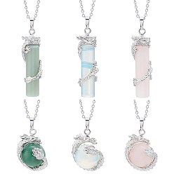 Смешанные камни Набор для самостоятельного изготовления ожерелья с подвеской в виде дракона из камня, в том числе круглые и колонные подвески из натуральных и синтетических драгоценных камней, 304 из нержавеющей стали кабель цепи ожерелья, 9 шт / коробка