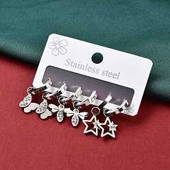 Нержавеющая Сталь Цвет 3 пары 3 стили рождество 304 наборы сережек-колец из нержавеющей стали для женщин, с кубическим цирконием и горным хрусталем, бабочка и звезда и стрекоза, цвет нержавеющей стали, 21~24x8~13 мм, 1 пара / стиль