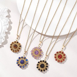 Смешанные камни Подвеска в виде солнца из натуральных смешанных камней, ограненных в круглые формы, и золотистого стекла, украшенная бисером 304 цепочка из нержавеющей стали для женщин, золотые, смешанные окрашенные и неокрашенные, 17.72 дюйм (45 см)