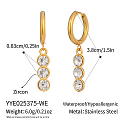 Claro 304 Pendientes colgantes de aro de acero inoxidable con circonitas cúbicas para mujer, rondo, dorado, Claro, 38x6.3 mm