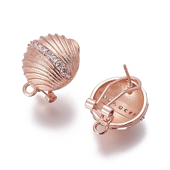 Rose Gold Brass Micro Pave Cubic Zirconia Stud Earring Findings, French Clip Earrings, with Loop, Shell, Clear, Rose Gold, 18.5x15x12mm, Hole: 2mm, Pin: 0.7mm