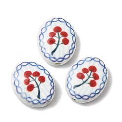 Cerise Hand Painted Oval Porcelain Beads, Cherry Pattern Ceramic Beads , Cerise, 21.5x17x7.5mm, Hole: 2.4mm