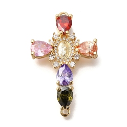Разноцветный Стойки обшивки латунные микро проложить куб ссылки циркония, долговечный, без кадмия и без свинца, крест с подвесками-соединителями Девы Марии, красочный, 40x24.5x7 мм, отверстие : 1.8 мм