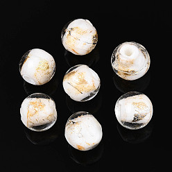Белый Ручной работы золотые и серебряные шарики фольги стекла, круглые, белые, 10~11 мм, отверстие : 1~1.4 мм