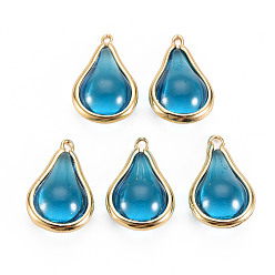 Deep Sky Blue Transparent Glass Pendants, with Brass Findings, Teardrop, Light Gold, Deep Sky Blue, 19x12x8mm, Hole: 1mm