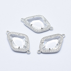 Clear Brass Micro Pave Cubic Zirconia Links, with Glass, Faceted, Rhombus, Platinum, Clear, 33x20x5mm, Hole: 1.6mm