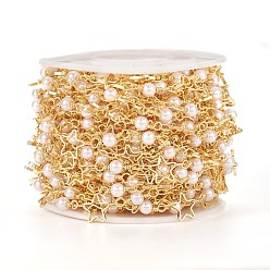 Настоящее золото 18K Латунная цепочка из бисера ручной работы, с круглыми пластиковыми бусинами, долговечный, пайки, с катушкой, звезда, реальный 18 k позолоченный, ссылка: 4x2x0.3 mm, звезды: 8x8x1 mm, круглый : 13x4 мм, около 32.8 футов (10 м) / рулон