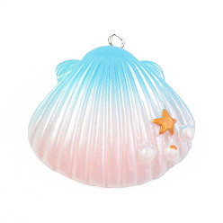 Misty Rose Opaque Resin Pendants, with Platinum Tone Iron Loop, Two Tone, Shell with Star, Misty Rose, 33.5~34.5x31.5~32.5x8.5mm, Hole: 2mm