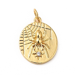 Настоящее золото 18K Подвески из циркония из латуни с покрытием из латуни, плоский круглый с рисунком паука, без кадмия, без никеля и без свинца, реальный 18 k позолоченный, 17.5x13.5x3.5 мм, отверстие : 3.6 мм