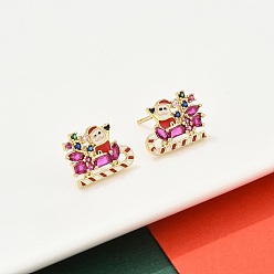 Настоящее золото 18K Серьги-гвоздики Санта-Клауса из латуни с микропаве из кубических цирконий, без кадмия и без свинца, стойки покрытие, с эмалью, реальный 18 k позолоченный, 11.5x15.5 мм