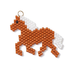 Сиена Подвески из стеклянного бисера Miyuki Delica, лошади прелести, с 304 нержавеющей стали, реальный 18 k позолоченный, цвет охры, 28x35x2 мм, Перейти кольцо: 4x0.5 мм, Внутренний диаметр: 3 мм.