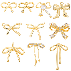 Настоящее золото 18K 10 шт 10 стили латунные подвески из микропаве с фианитом, с пластиковой бисера, смешанный бантом, реальный 18 k позолоченный, 8.5~32x11.5~21.5x2~6 мм, отверстие : 1~1.5 мм, 1 шт / стиль