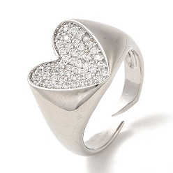 Платина Кольца-манжеты из латуни с микропаве из кубического циркония, долговечный, без свинца и без кадмия, сердце, платина, регулируемый