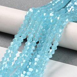 Deep Sky Blue Imitation Jade Electroplate Glass Beads Strands, Pearl Luster Plated, Faceted, Bicone, Deep Sky Blue, 4x4mm, Hole: 0.8mm, about 87~98pcs/strand, 12.76~14.61 inch(32.4~37.1cm)