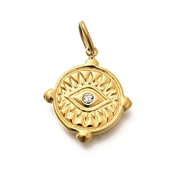 Прозрачный 304 из нержавеющей стали горный хрусталь подвески, ионное покрытие (ip), плоские круглые и глазные подвески, прозрачные, 19.5x17x3 мм, отверстие : 4.5x3 мм