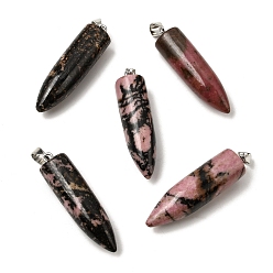 Родонит Натуральные родонитовые заостренные подвески, Подвески в форме пули с 304 защелкивающимися креплениями из нержавеющей стали, цвет нержавеющей стали, 45x11.5~12 мм, отверстие : 7x4 мм