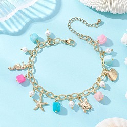 Золотой Браслеты на лодыжку для женщин с морской тематикой, окрашенным натуральным агатом и стеклянным жемчугом, а также подвесками в виде морской звезды и черепахи из нержавеющей стали., красочный, золотые, 304 дюйм (9.06 см)