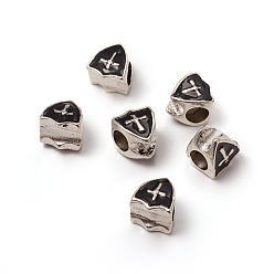 Черный Старинное серебро покрытием сплава европейских бисер, бусины с большим отверстием, с эмалью, щит с крестом, чёрные, 10x9.5x8 мм, отверстие : 5 мм