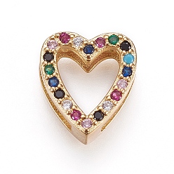 Golden Brass Micro Pave Cubic Zirconia Slide Charms, Heart, Colorful, Golden, 14x12.5x5mm, Hole: 2x11mm