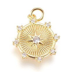Золотой Латунные микро проложить кубического циркония подвески, с целью перехода в кольце, плоские круглые со звездой, прозрачные, золотые, 18x16x2 мм, отверстие : 2.5 мм