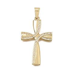 Real 18K Gold Plated Brass Micro Pave Clear Cubic Zirconia Pendants, Curved Cross Charms, Real 18K Gold Plated, 38x23.5x2mm, Hole: 7x3.5mm